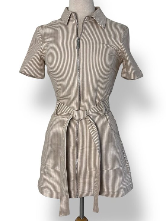Steve Madden Dresses & Skirts - Steve Madden Belted Zip Up Collar Utility Canvas Dress Khaki White Stripe Sz XS